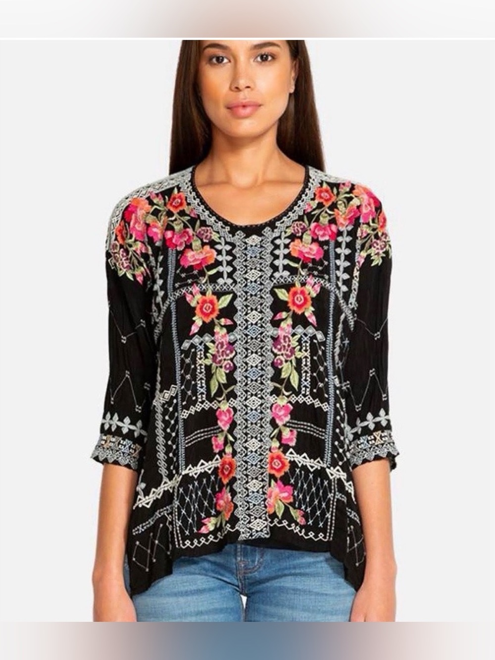 Johnny Was Black Top with Pink and Orange Carnation Embroidery Size L